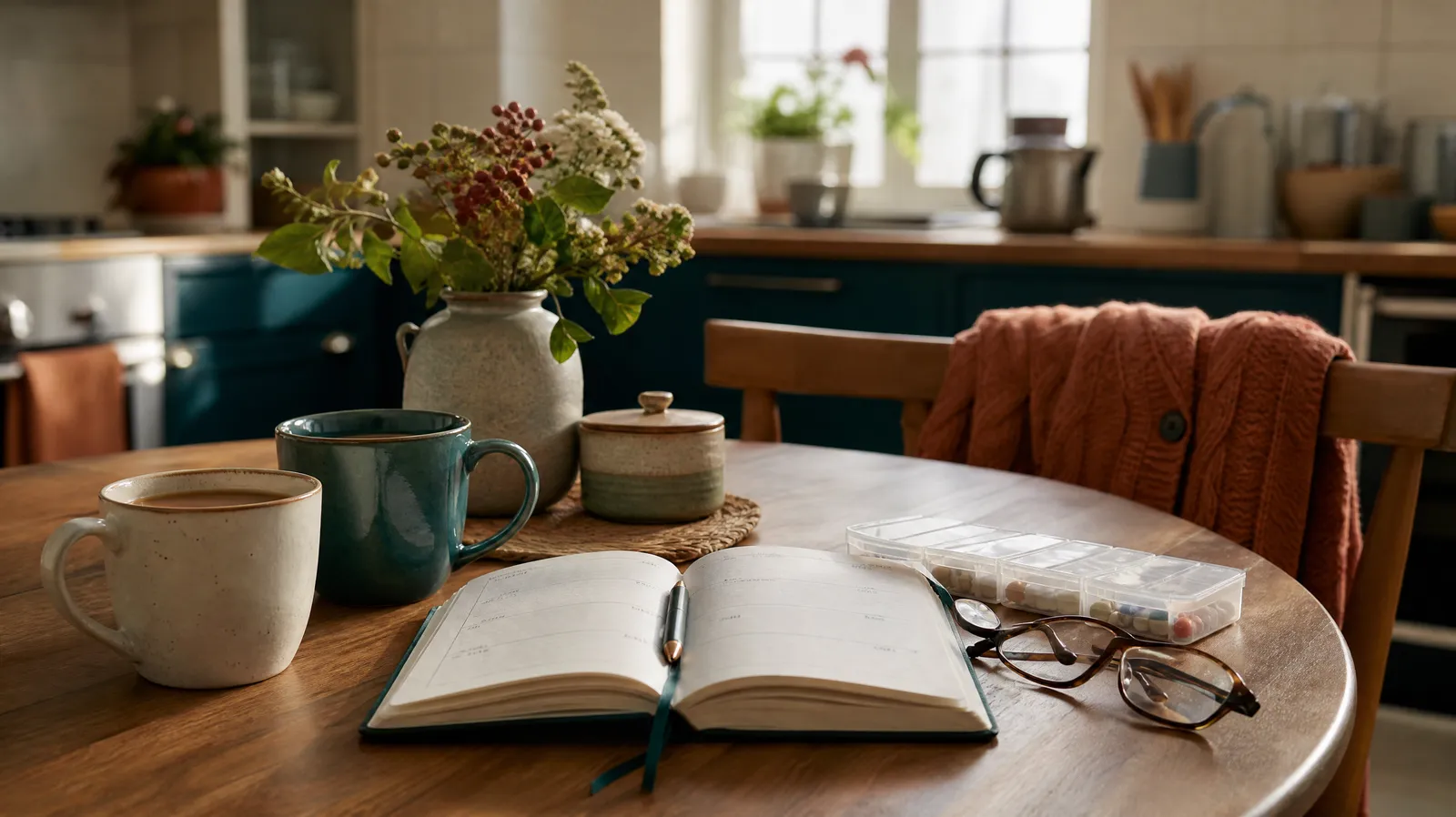 Kitchen table with tea, a diary of appointments and a pill organiser, representing support for carers at home