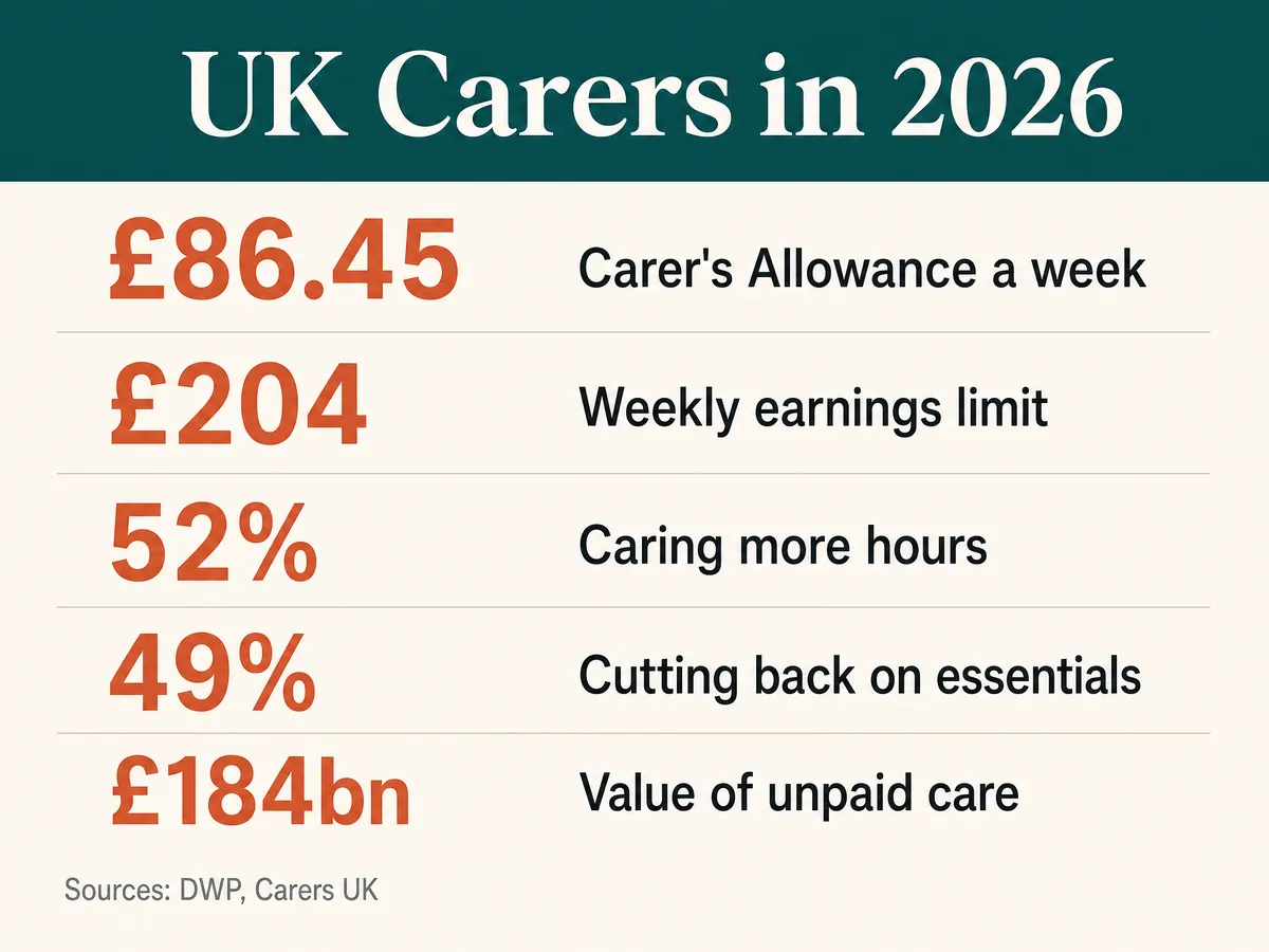 UK carers in 2026 infographic: Carer's Allowance £86.45 a week, £204 earnings limit, 52% caring more hours, 49% cutting back on essentials, £184bn value of unpaid care
