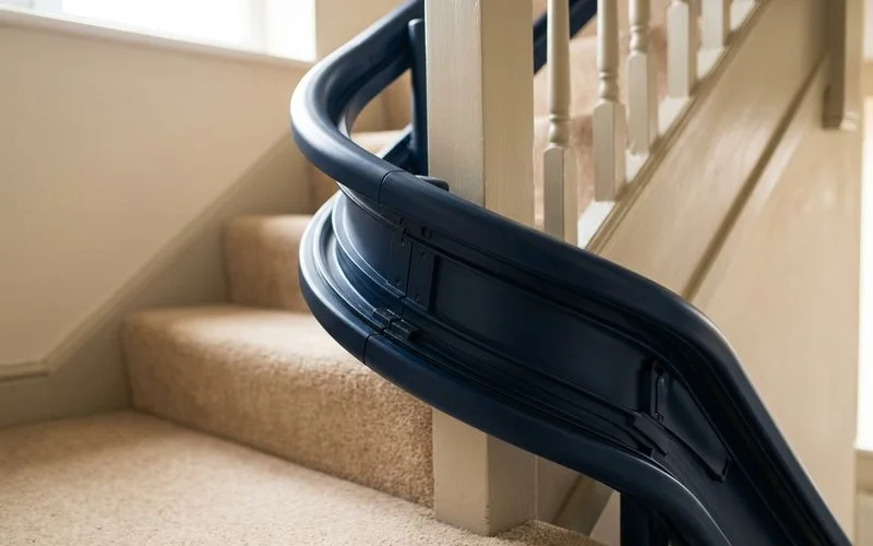 Stairlifts Cost engineer fitting FastTrack modular rail on curved staircase in Manchester home