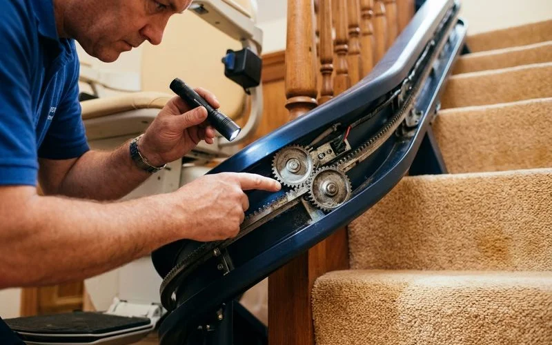 Engineer inspecting a stairlift rail and drive mechanism