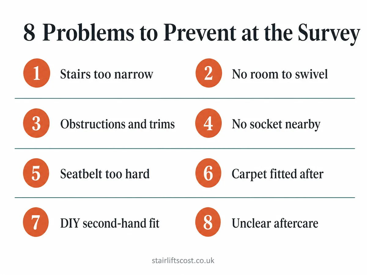 Infographic of 8 stairlift installation problems to prevent at the survey