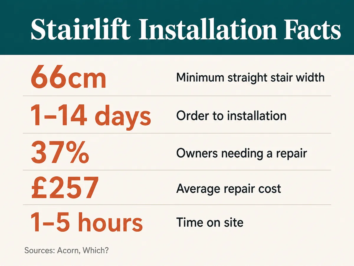 Stairlift installation facts: 66cm minimum straight stair width, 1–14 days from order, 1–5 hours on site, 37% of owners needing a repair, £257 average repair
