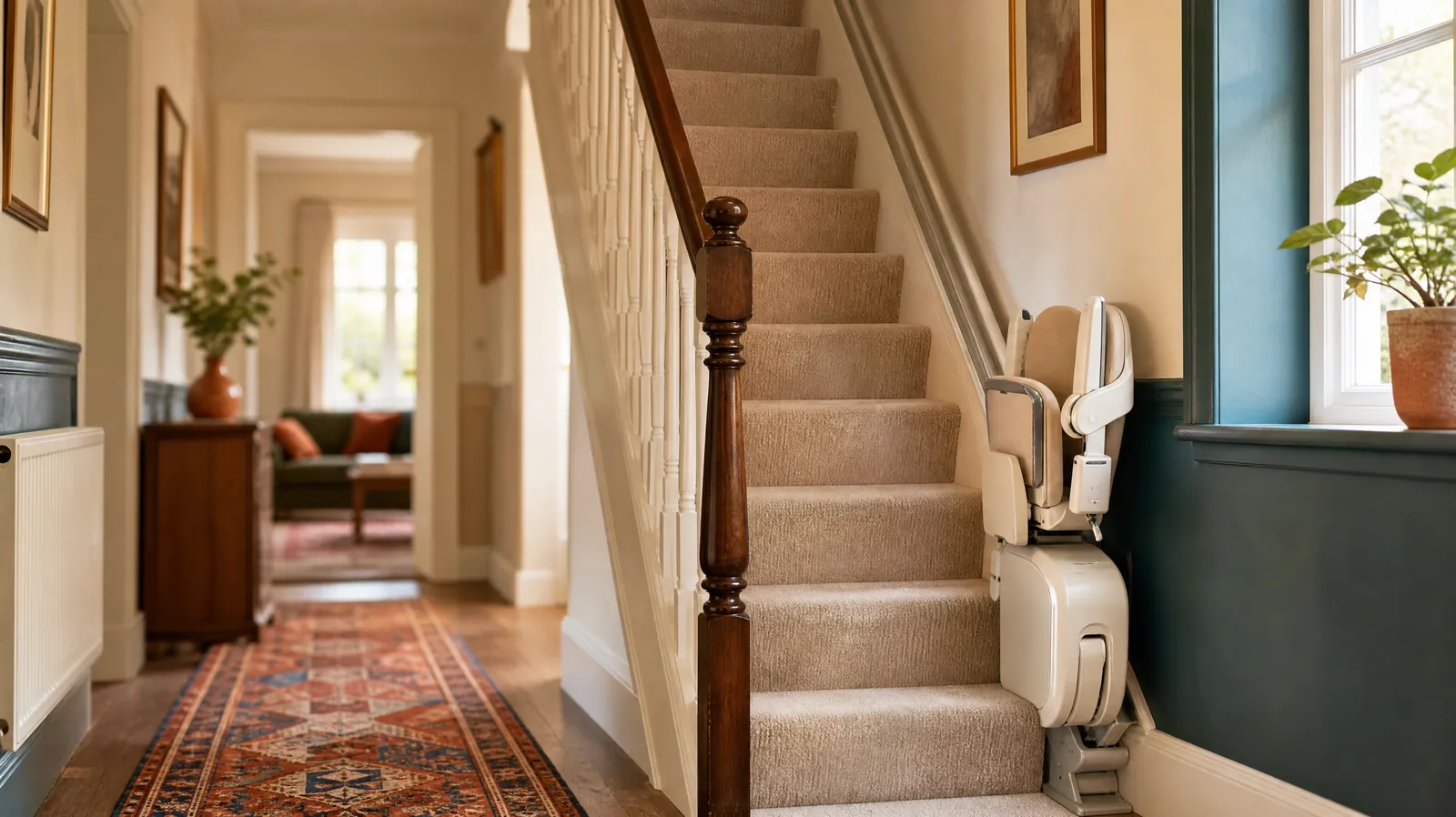 Straight stairlift folded at the bottom of a carpeted staircase in a UK home, illustrating how much stairlifts cost
